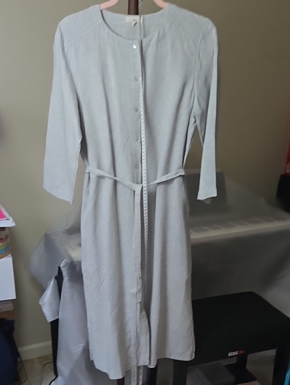 Eileen Fisher Light Gray Sparkle Button-Front Belted Long Dress